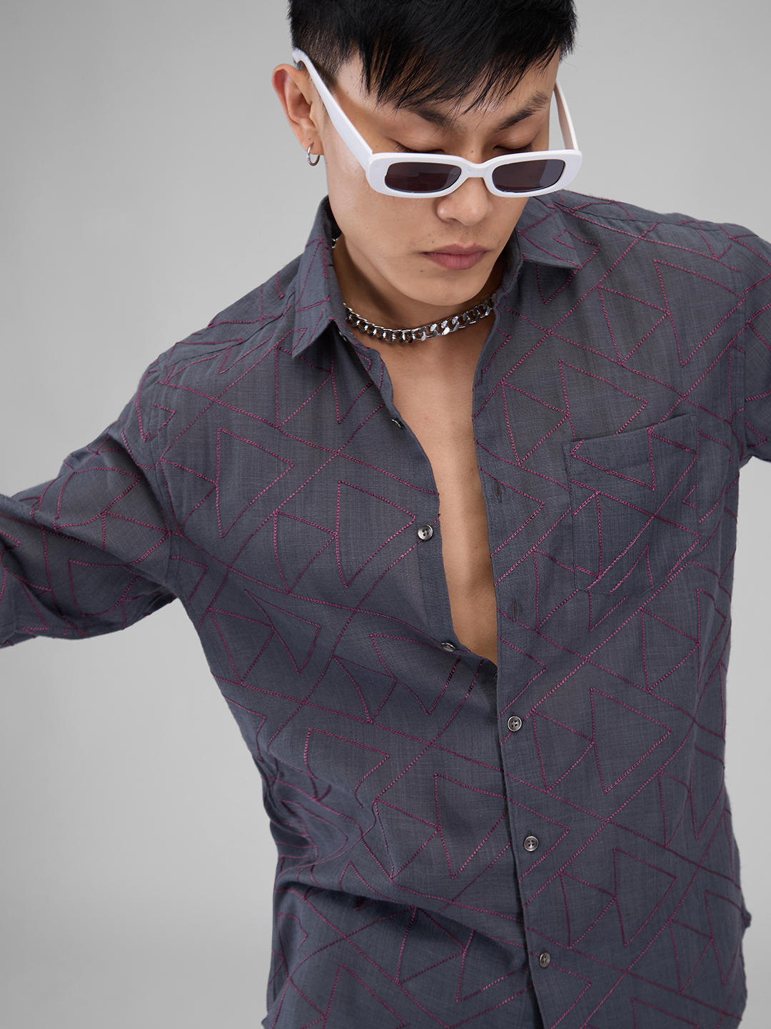 Charcoal Grey Triangle Intricate Embroidered Shirt
