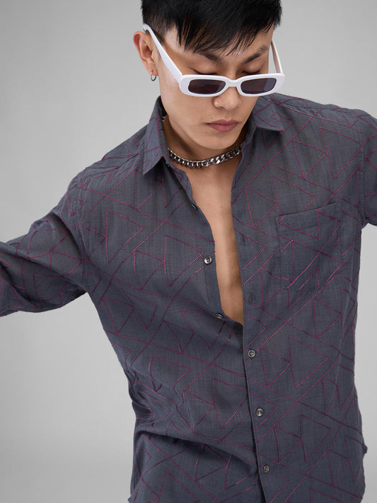 Charcoal Grey Triangle Intricate Embroidered Shirt