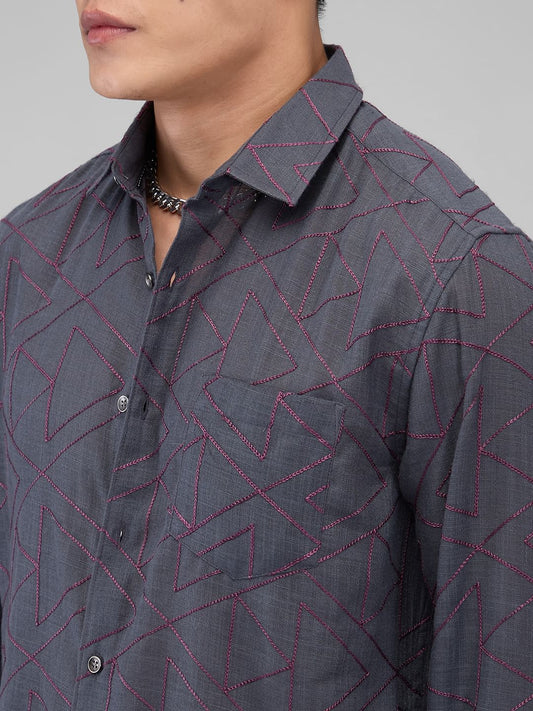 Charcoal Grey Triangle Intricate Embroidered Shirt