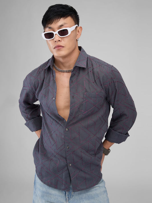 Charcoal Grey Triangle Intricate Embroidered Shirt