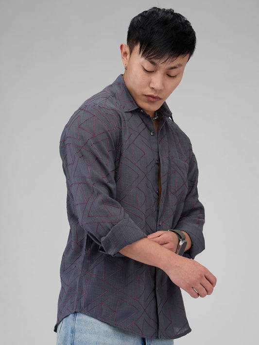 Charcoal Grey Triangle Intricate Embroidered Shirt