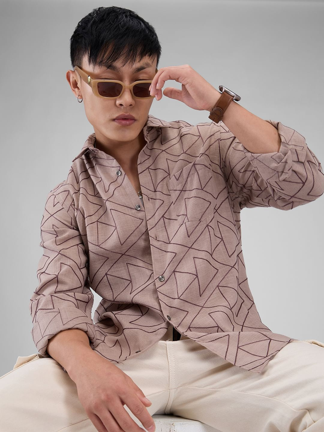 Trigon Embroidered Beige Shirt