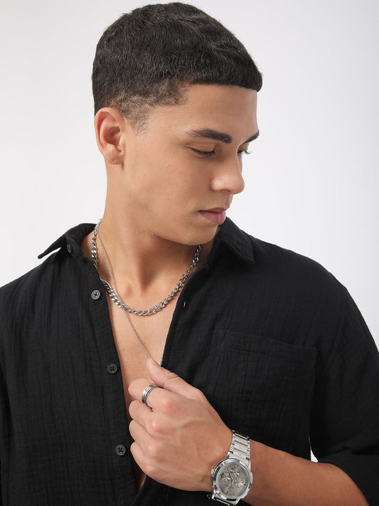 Classic Black Double Cloth Crinkled Shirt