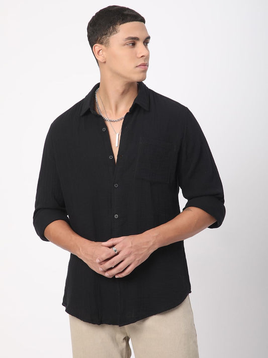 Classic Black Double Cloth Crinkled Shirt