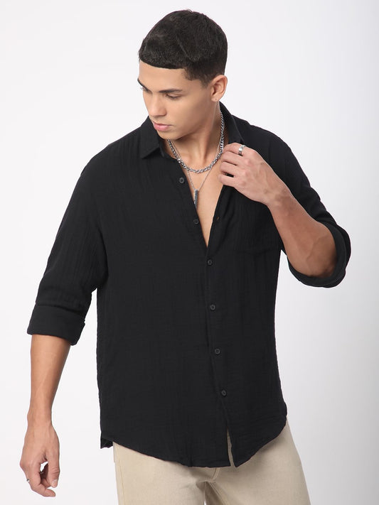Classic Black Double Cloth Crinkled Shirt