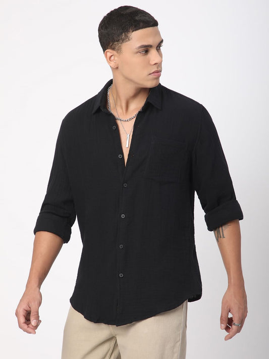 Classic Black Double Cloth Crinkled Shirt