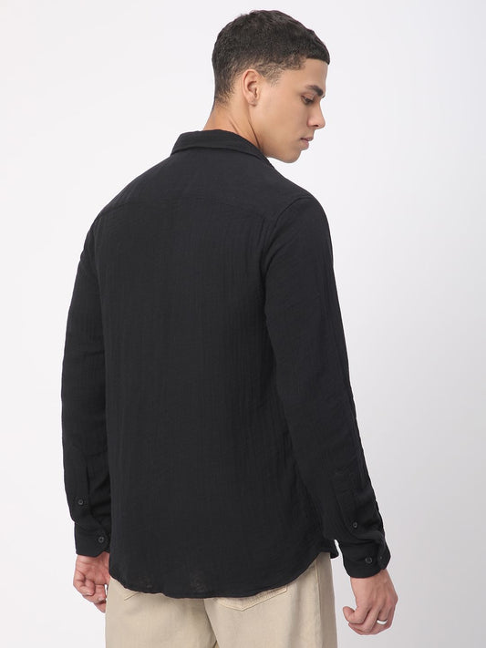 Classic Black Double Cloth Crinkled Shirt