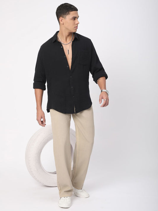 Classic Black Double Cloth Crinkled Shirt