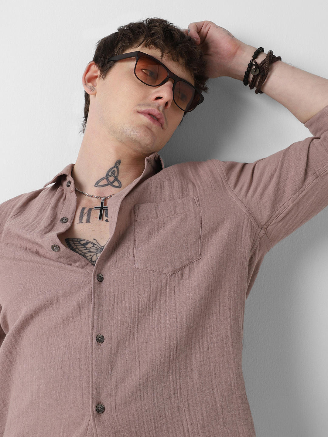 Pantone Beige Double Cloth Crinkled Shirt