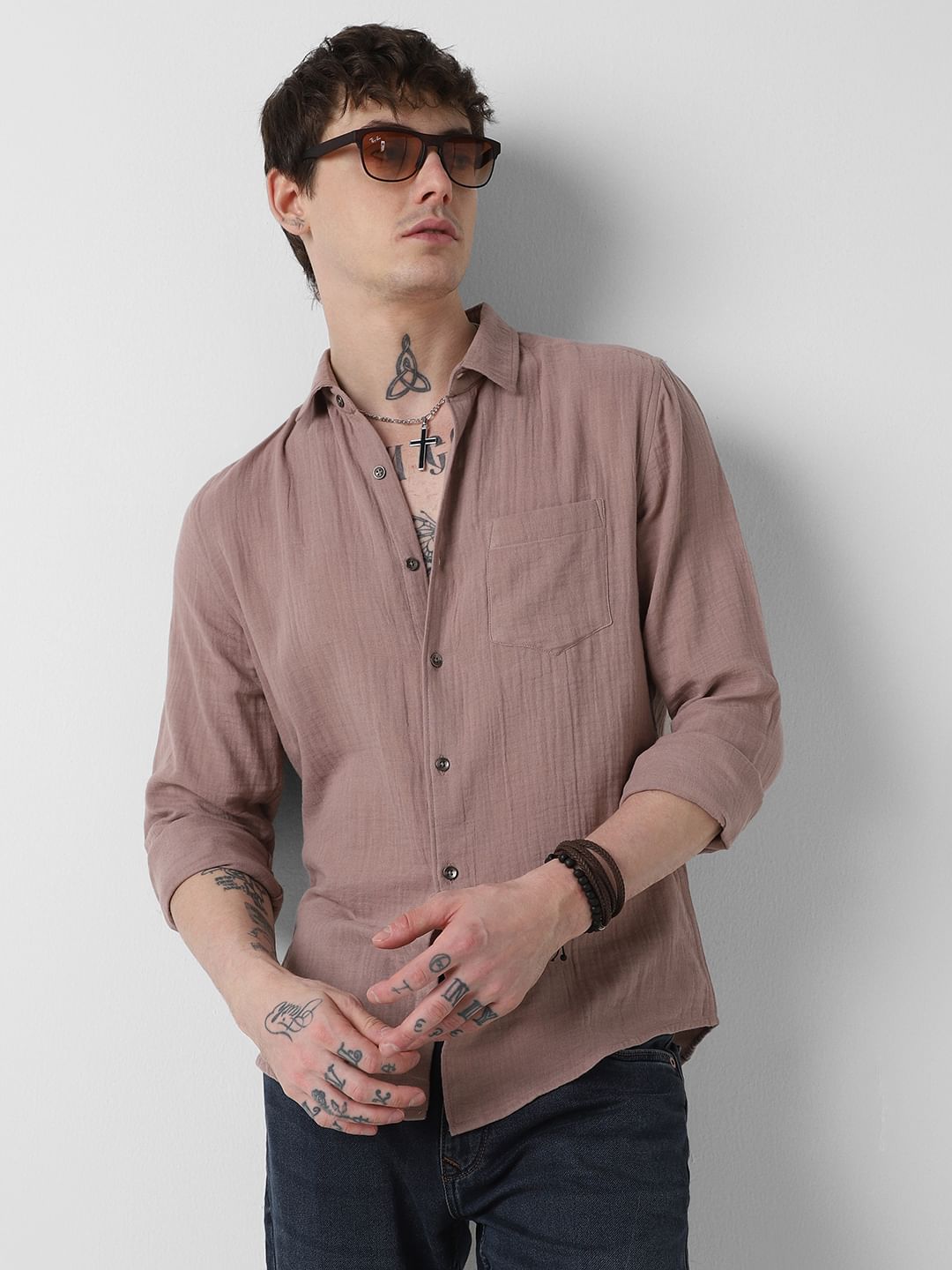 Pantone Beige Double Cloth Crinkled Shirt