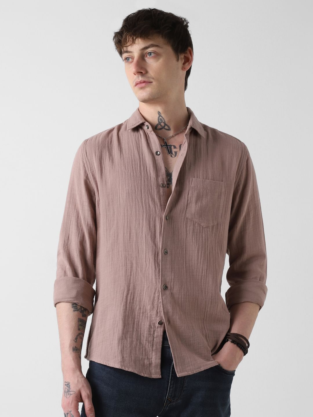 Pantone Beige Double Cloth Crinkled Shirt