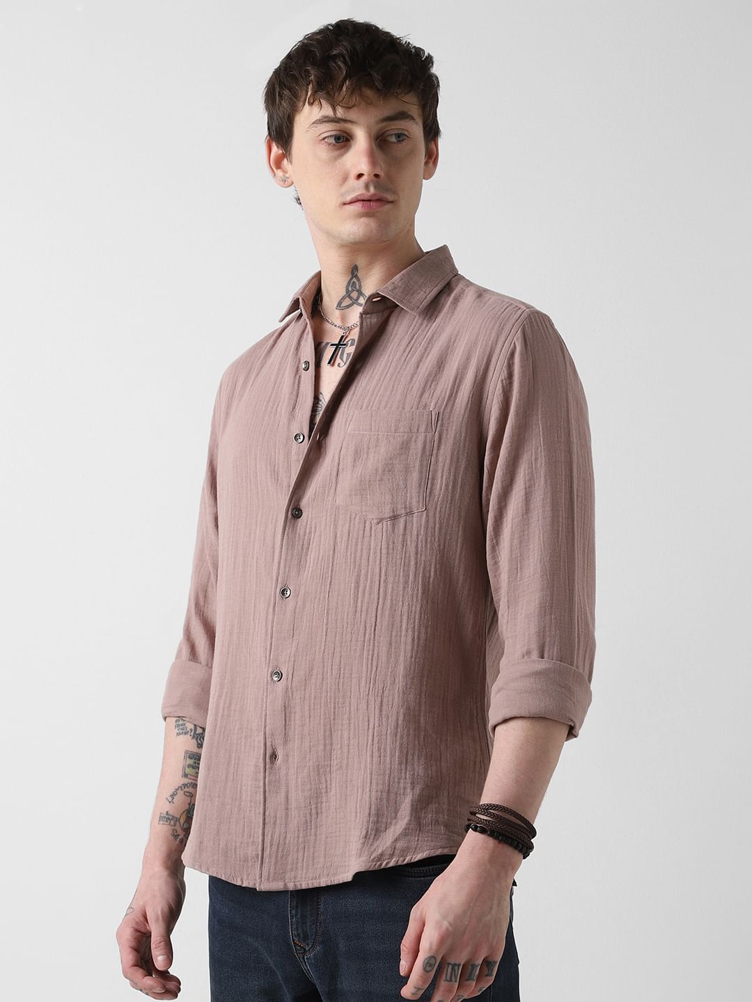 Pantone Beige Double Cloth Crinkled Shirt