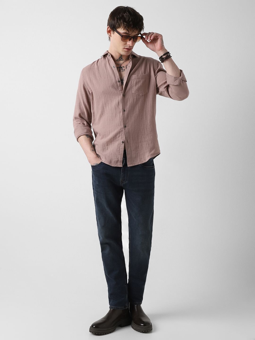 Pantone Beige Double Cloth Crinkled Shirt