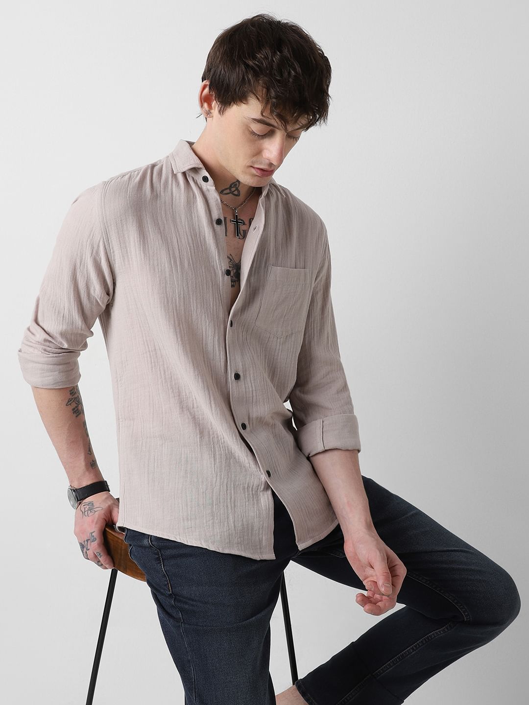 Stonish Beige Double Cloth Crinkled Shirt