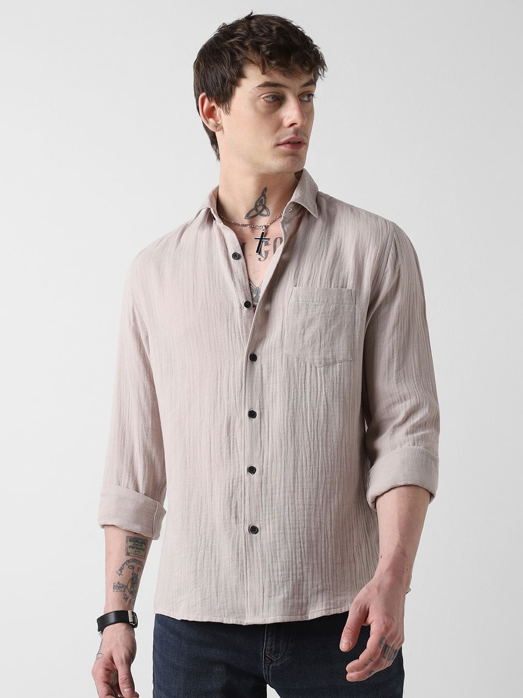 Stonish Beige Double Cloth Crinkled Shirt