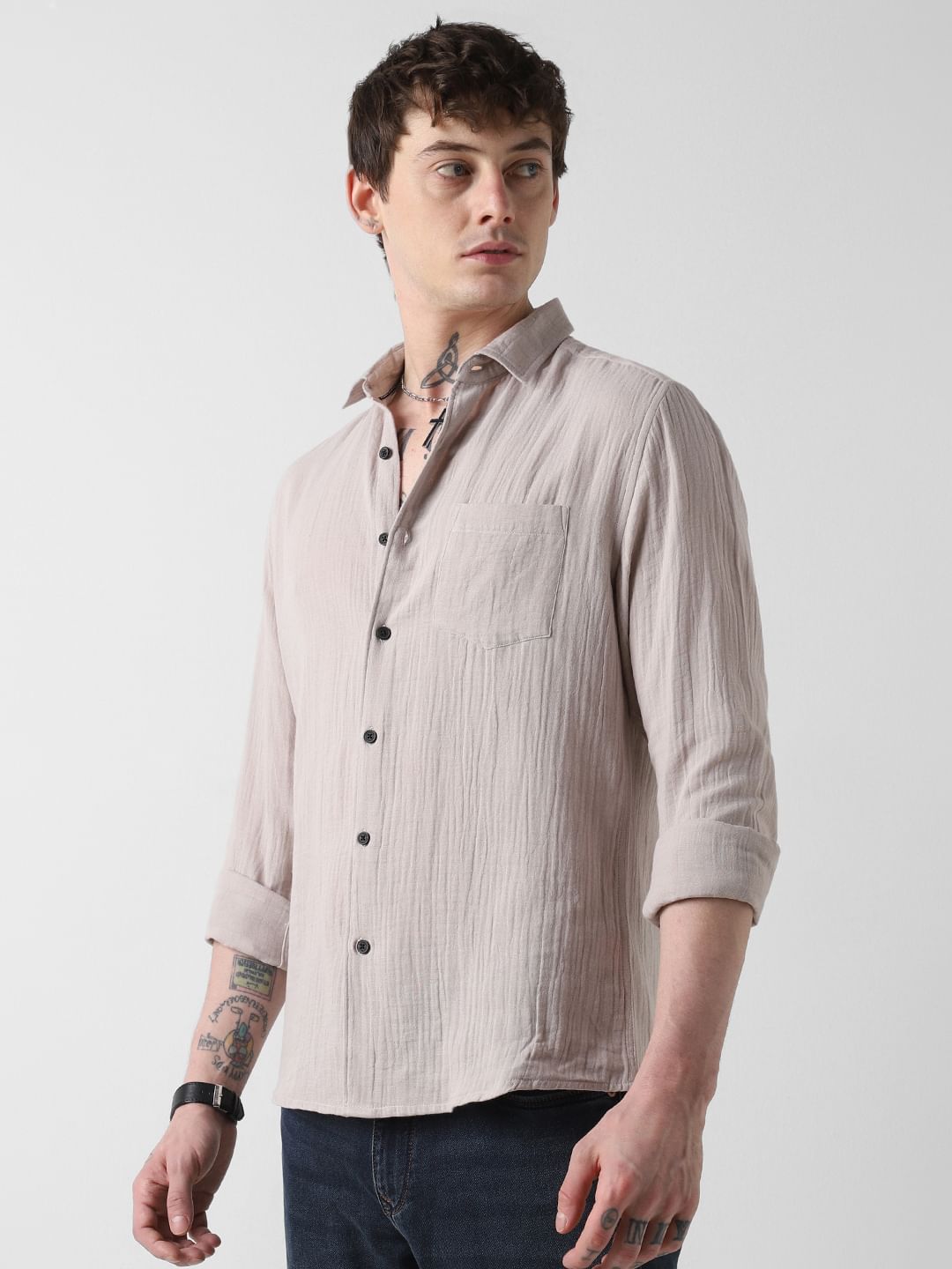 Stonish Beige Double Cloth Crinkled Shirt