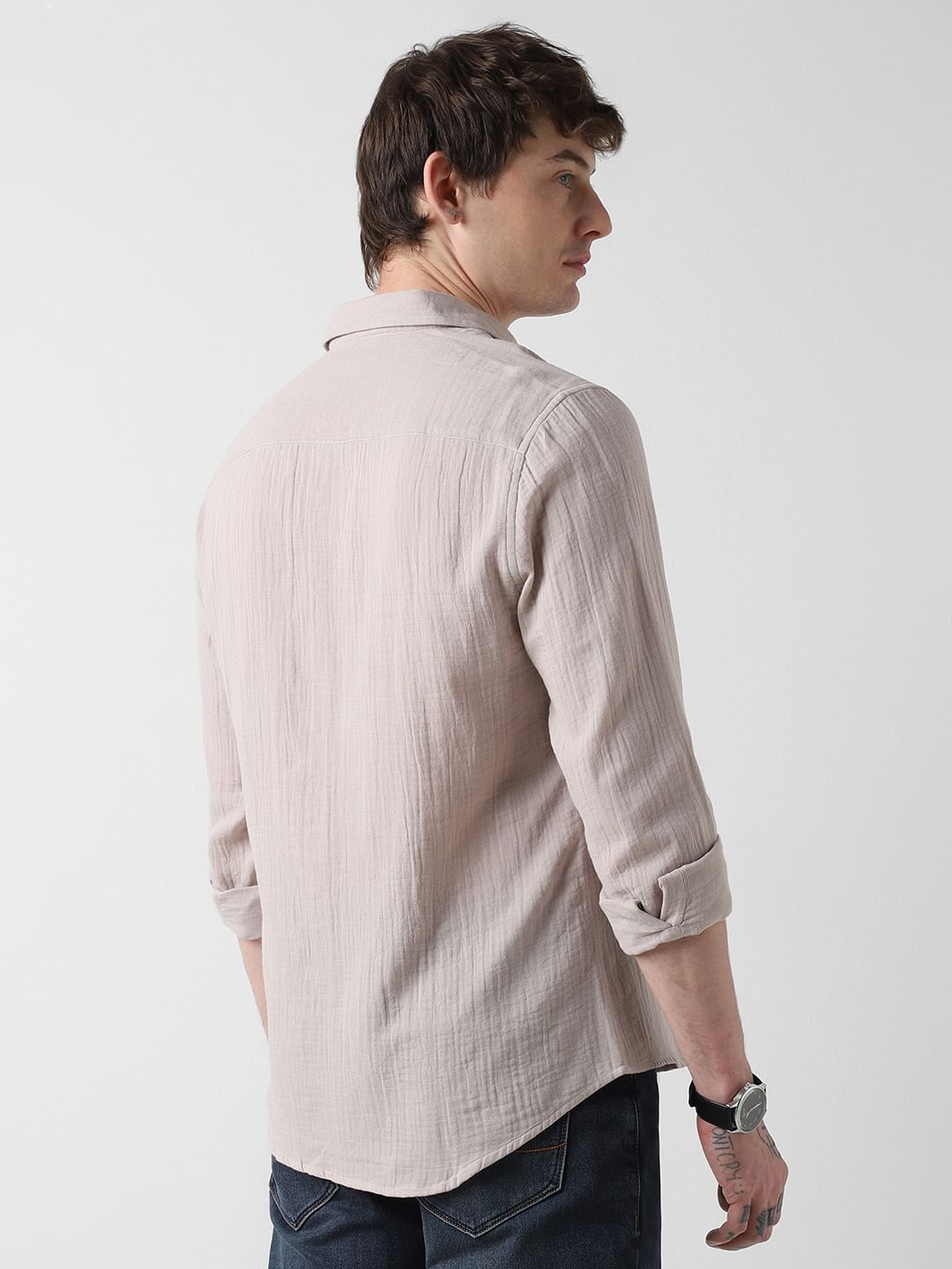 Stonish Beige Double Cloth Crinkled Shirt