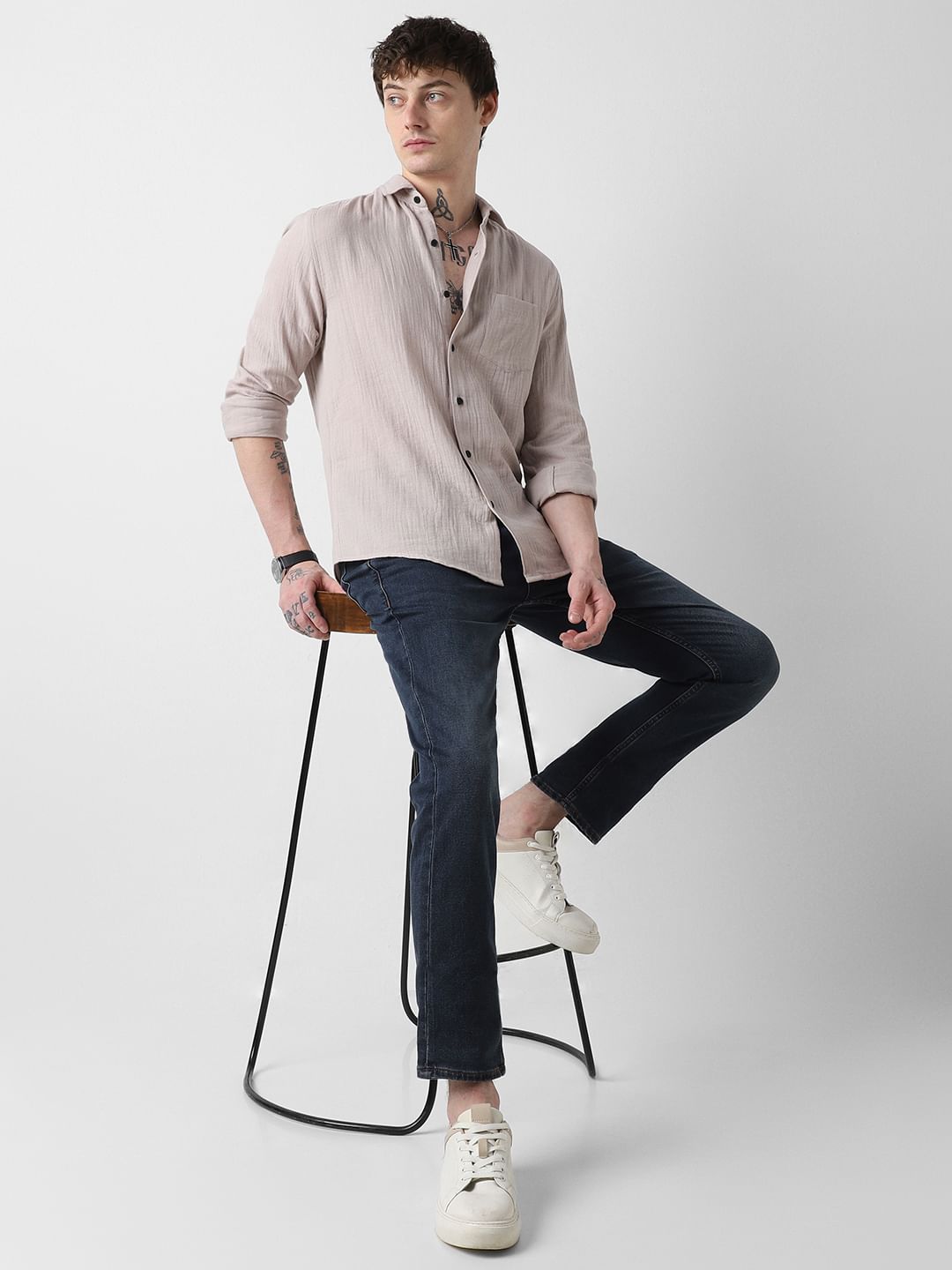 Stonish Beige Double Cloth Crinkled Shirt
