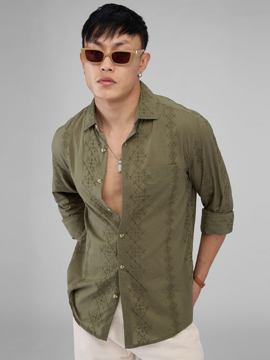 Aesthetic Olive Embroidered Schiffli Shirt