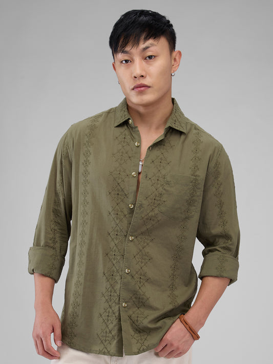 Aesthetic Olive Embroidered Schiffli Shirt