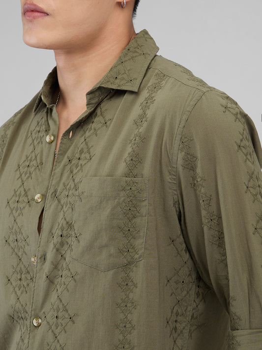 Aesthetic Olive Embroidered Schiffli Shirt