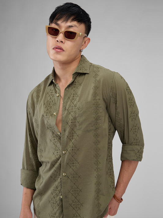 Aesthetic Olive Embroidered Schiffli Shirt