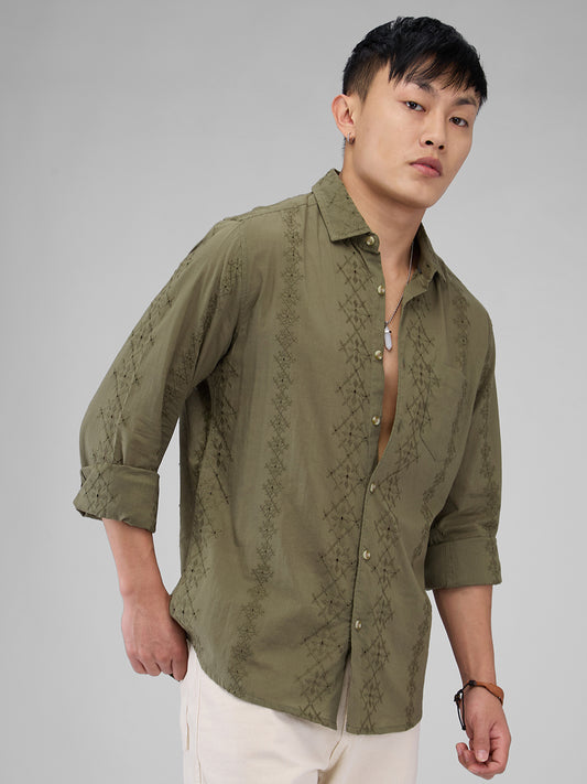 Aesthetic Olive Embroidered Schiffli Shirt