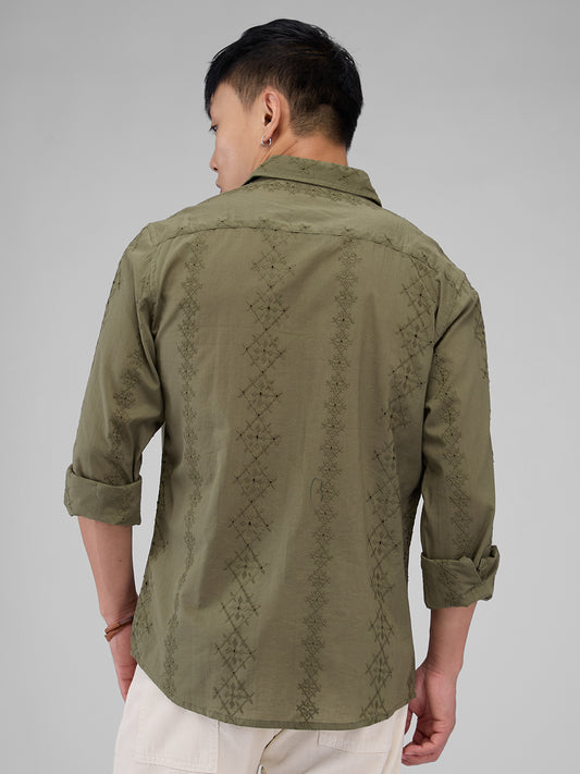 Aesthetic Olive Embroidered Schiffli Shirt