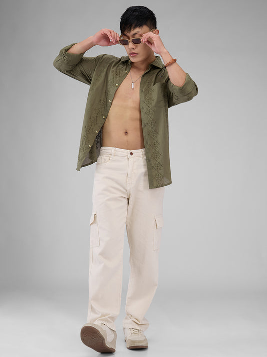 Aesthetic Olive Embroidered Schiffli Shirt