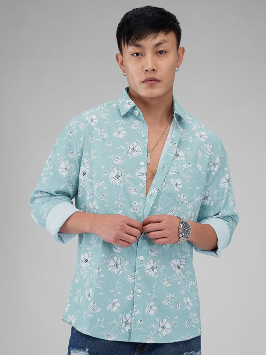 Electric Blue Floral Printed Crushed Shirt