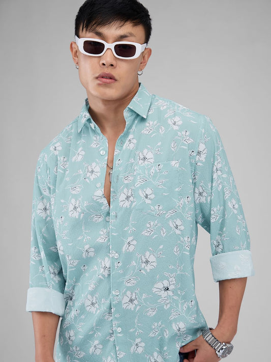 Electric Blue Floral Printed Crushed Shirt