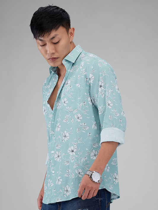 Electric Blue Floral Printed Crushed Shirt