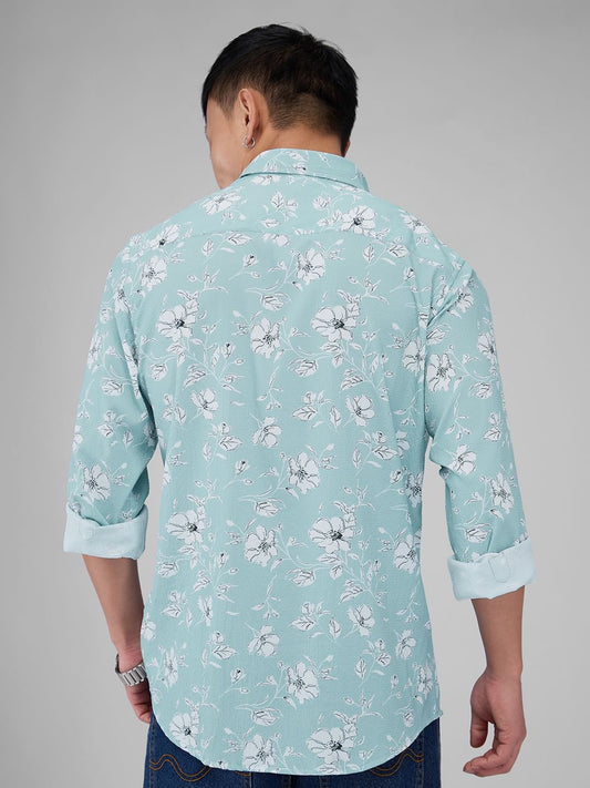 Electric Blue Floral Printed Crushed Shirt