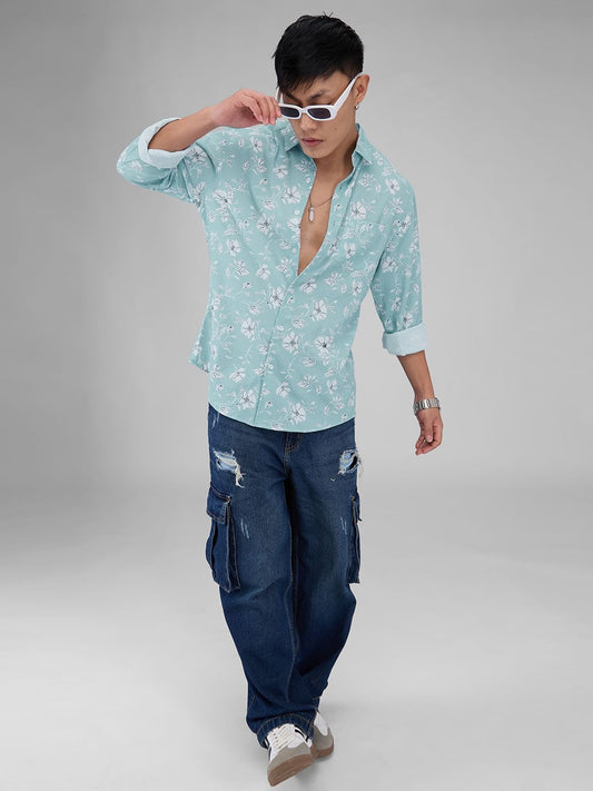 Electric Blue Floral Printed Crushed Shirt