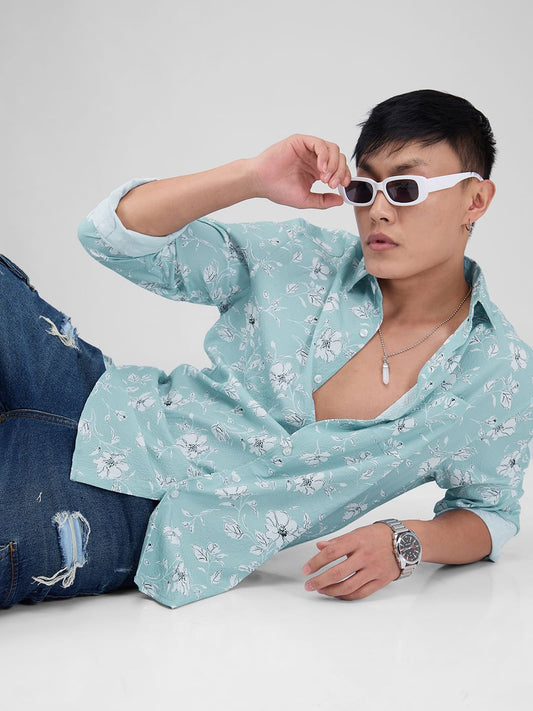 Electric Blue Floral Printed Crushed Shirt