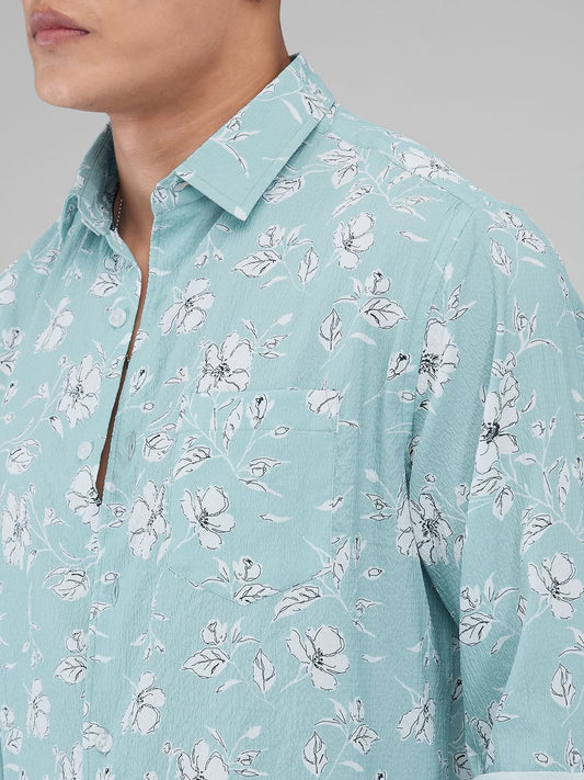 Electric Blue Floral Printed Crushed Shirt