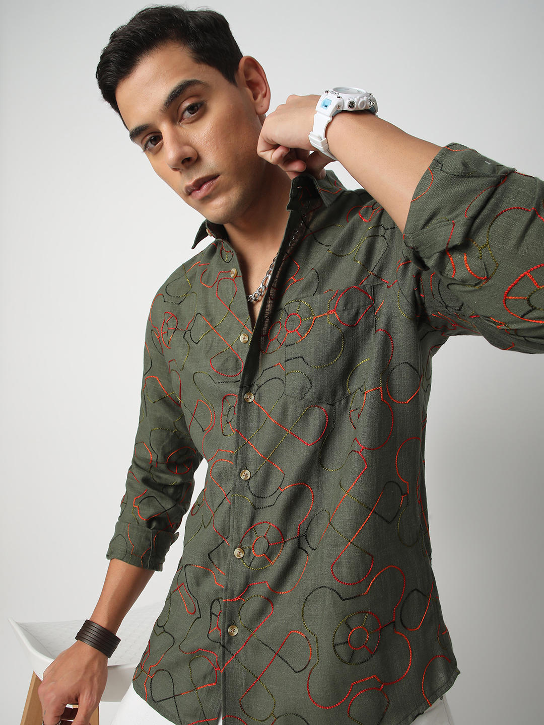 Vibrant Pine Green Embroidered Shirt