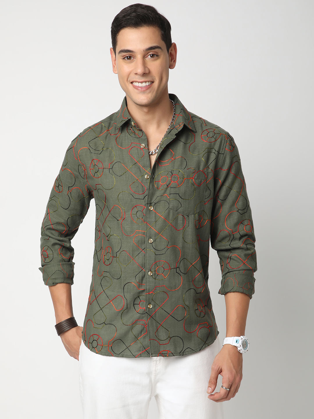 Vibrant Pine Green Embroidered Shirt