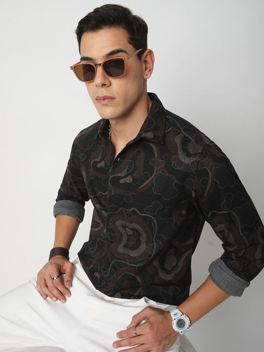 Waffle Black Abstract Printed Textured Shirt