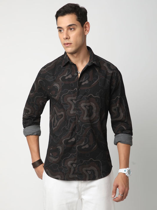 Waffle Black Abstract Printed Textured Shirt