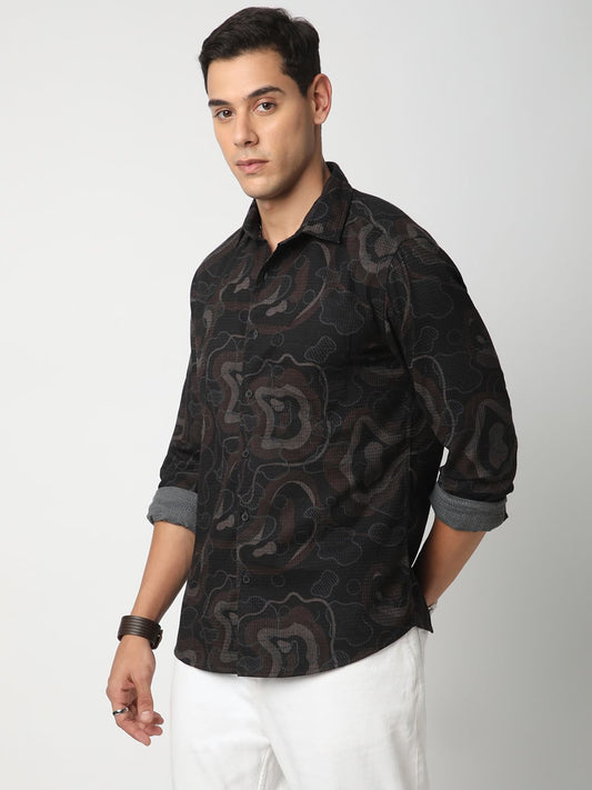 Waffle Black Abstract Printed Textured Shirt