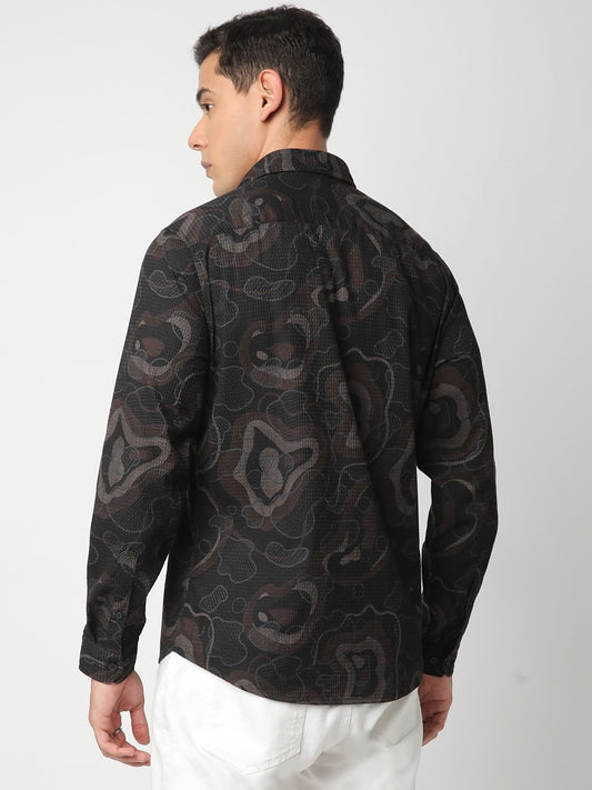 Waffle Black Abstract Printed Textured Shirt