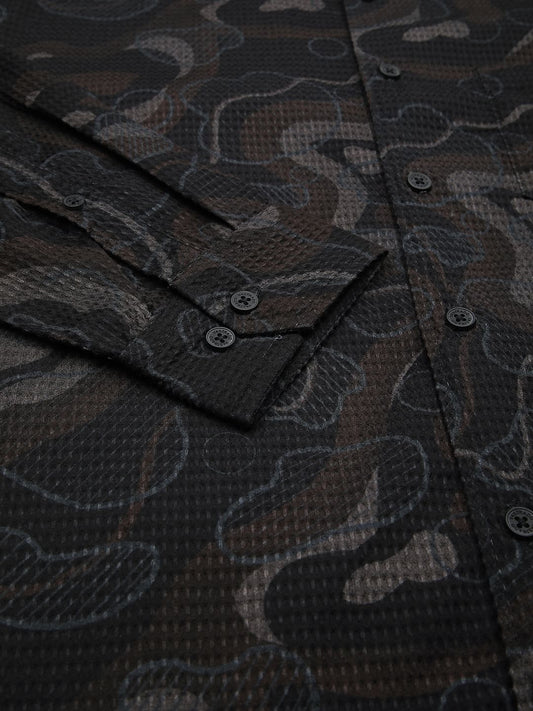 Waffle Black Abstract Printed Textured Shirt