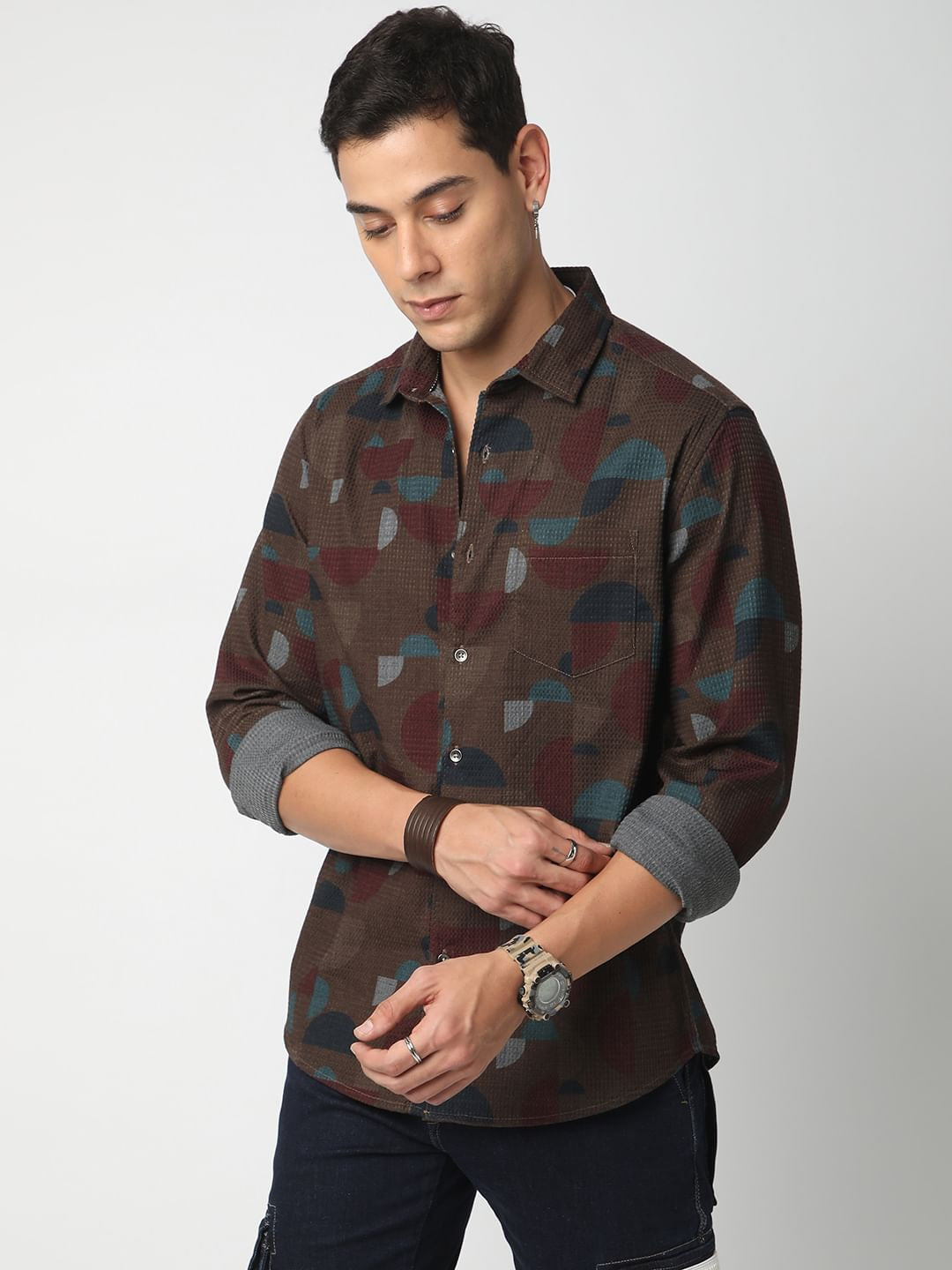 Eccentric Brown Waffle Textured Shirt