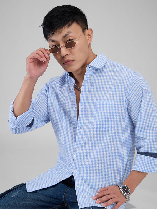 Tiny Blue Checkered Seersucker Shirt