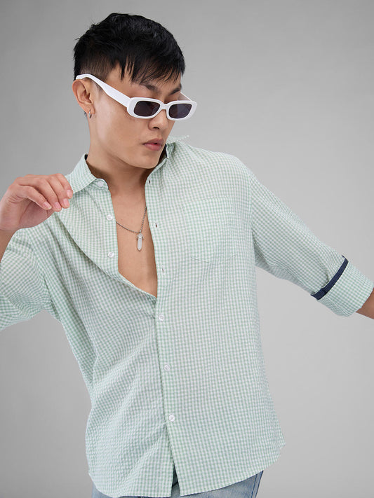 Mint Green Tiny Checkered Seersucker Shirt