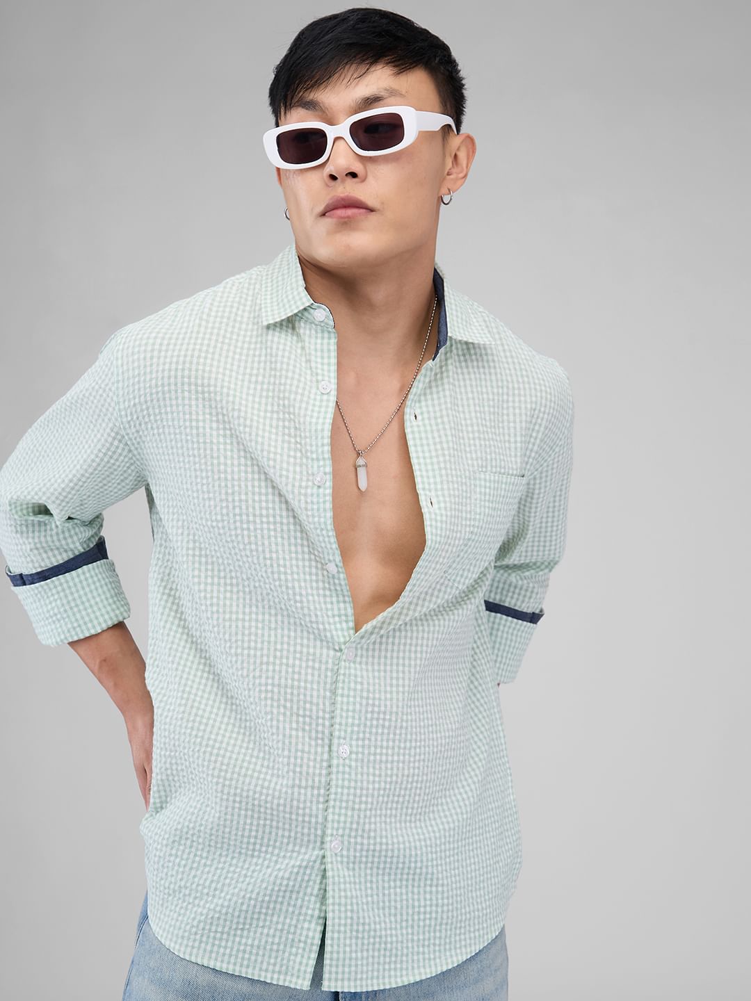 Mint Green Tiny Checkered Seersucker Shirt