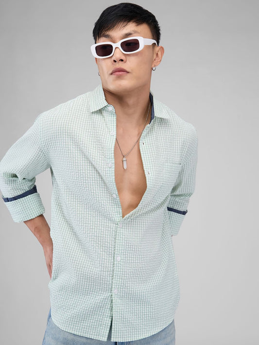 Mint Green Tiny Checkered Seersucker Shirt