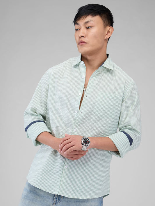 Mint Green Tiny Checkered Seersucker Shirt