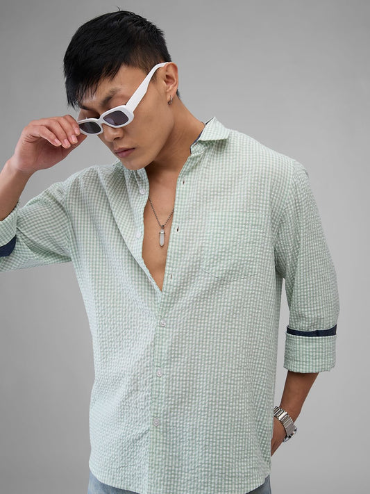 Mint Green Tiny Checkered Seersucker Shirt